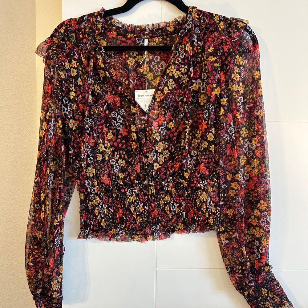 Free People Floral Sheer Blouse - Red, Yellow, Black